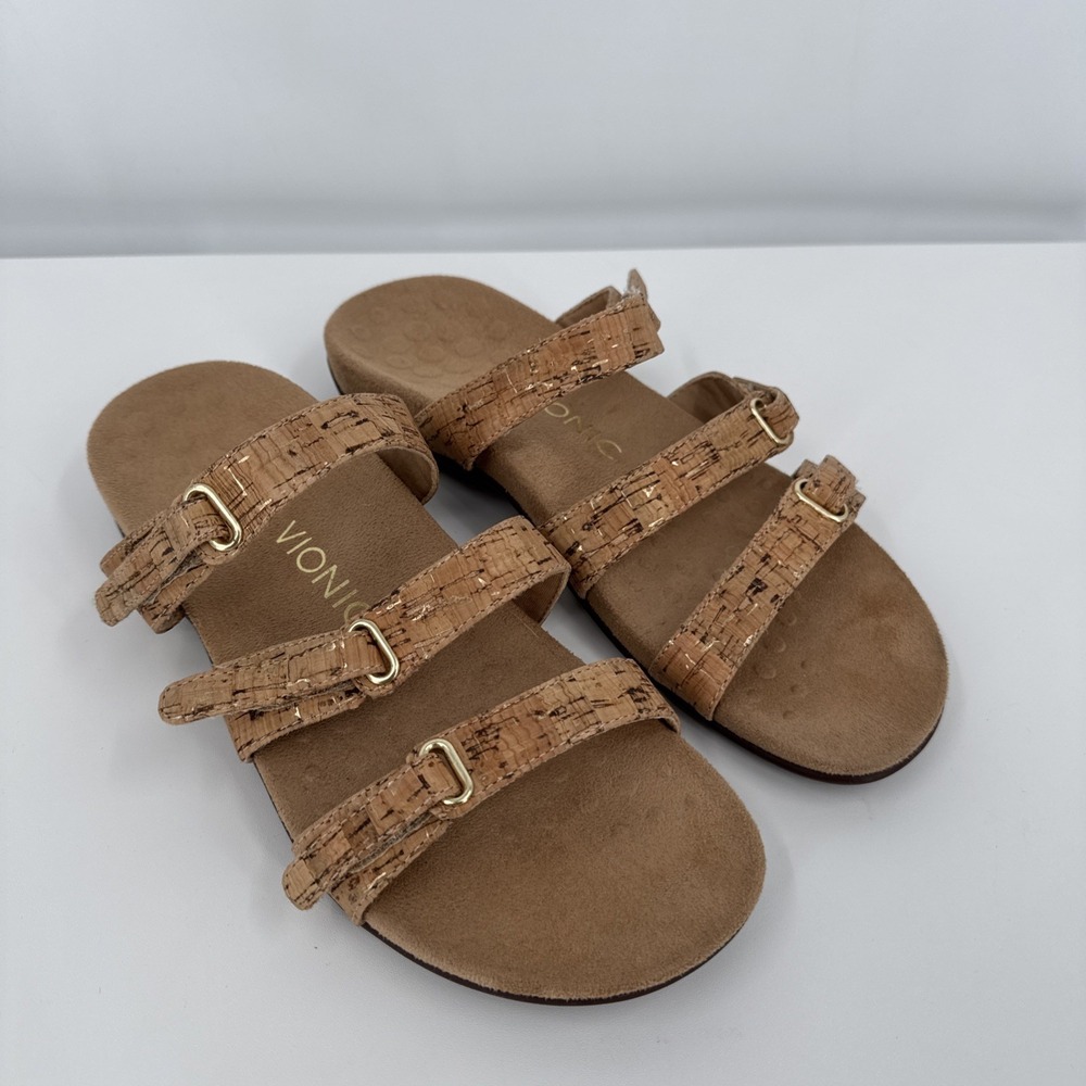 VIONIC ORTHAHEEL DWYN Women's Size 8 Cork Gold Slide‎ Wedge Comfort Sandals EUC